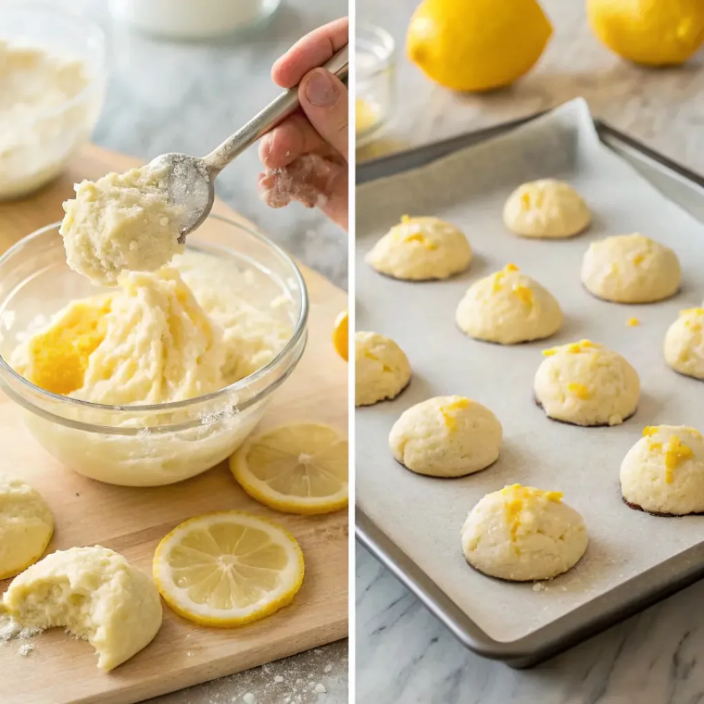 Lemon Ricotta Cookies – Soft, Cake-Like Italian Cookies 7 Four step collage showing mixing dough, adding ricotta, baking cookies, and glazing