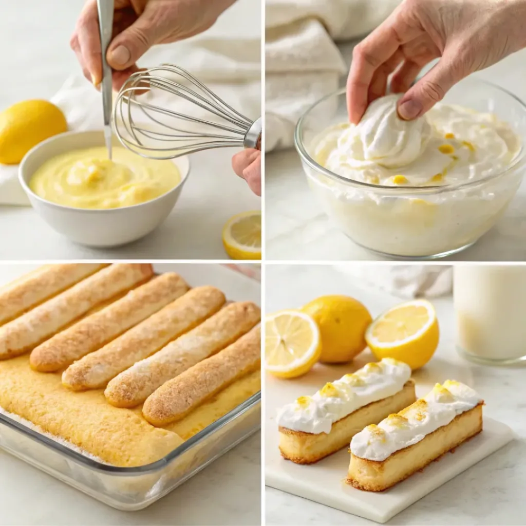 Lemon Tiramisu – Creamy, Citrusy & No-Bake Elegant Dessert 7 Four step collage showing dipping ladyfingers, mixing cream, layering, and decorating tiramisu