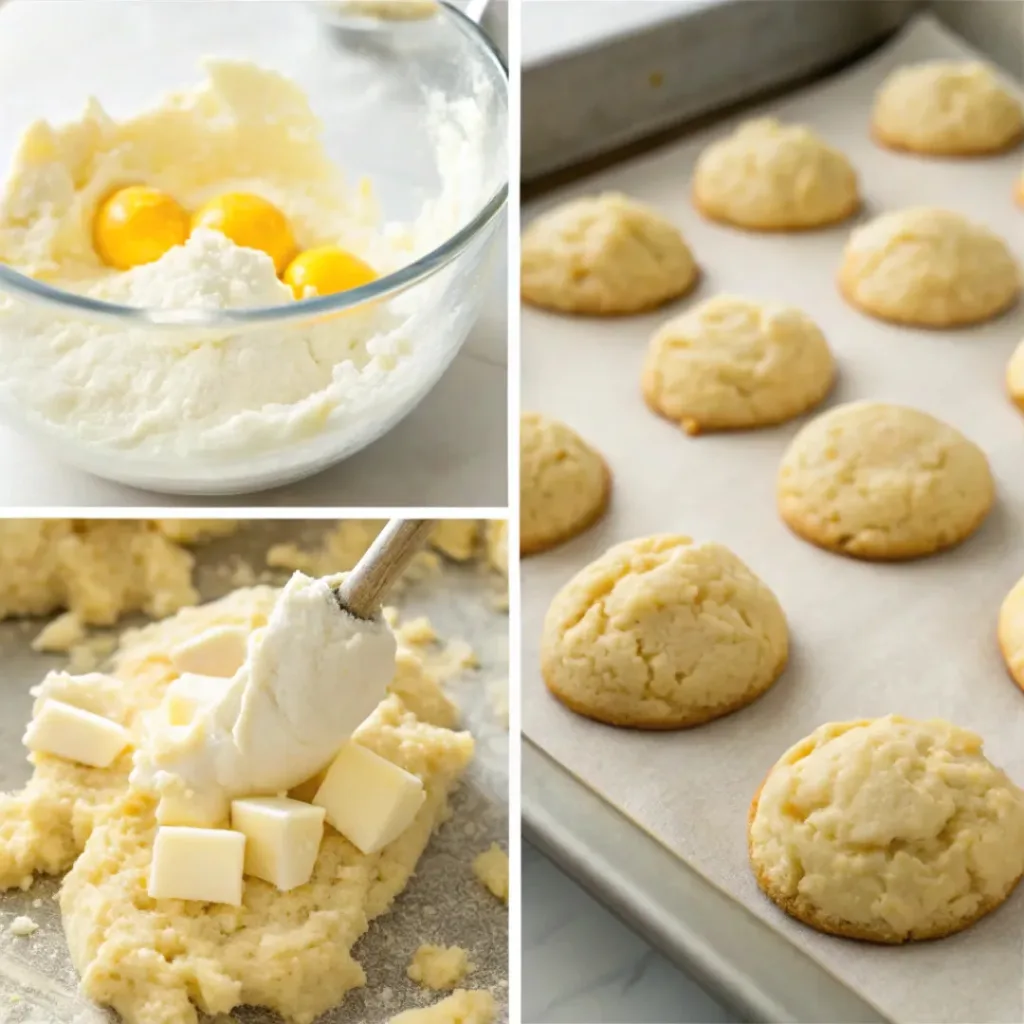 Lemon White Chocolate Cookies – Soft, Chewy & Zesty Treat 7 Four step collage showing dough mixing, folding chocolate, baking, and finished cookies
