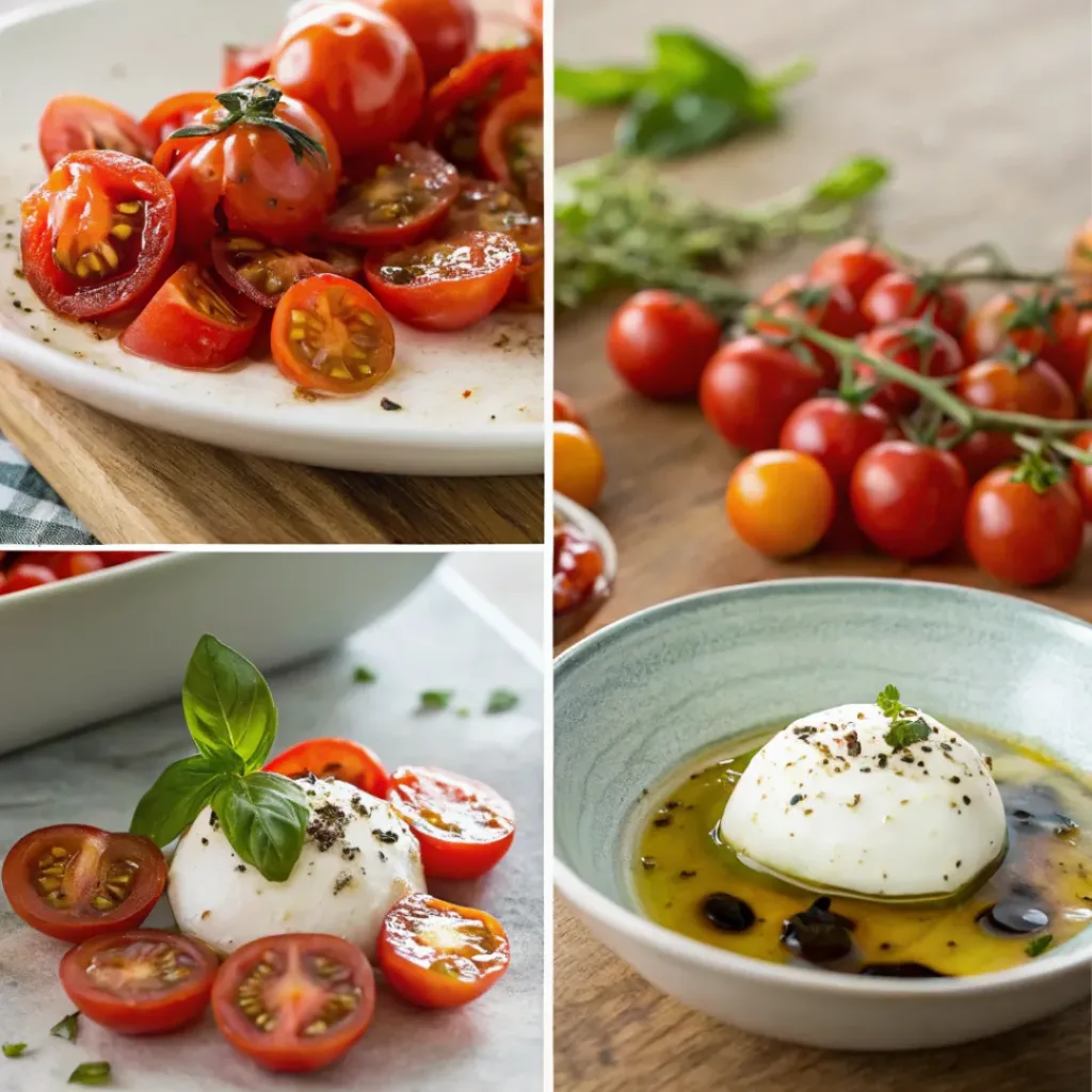 Marinated Cherry Tomatoes with Burrata – Fresh, Creamy & Elegant Appetizer 7 Four step collage showing tomato prep, marinating, plating burrata, and finishing dish