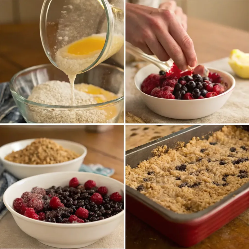 Four step collage showing berry mixing, crumble preparation, assembling, and baking