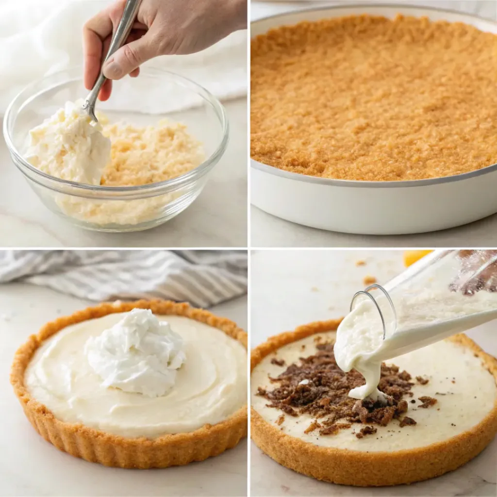 Four step collage showing crust preparation, filling mixing, assembling pie, and decorating