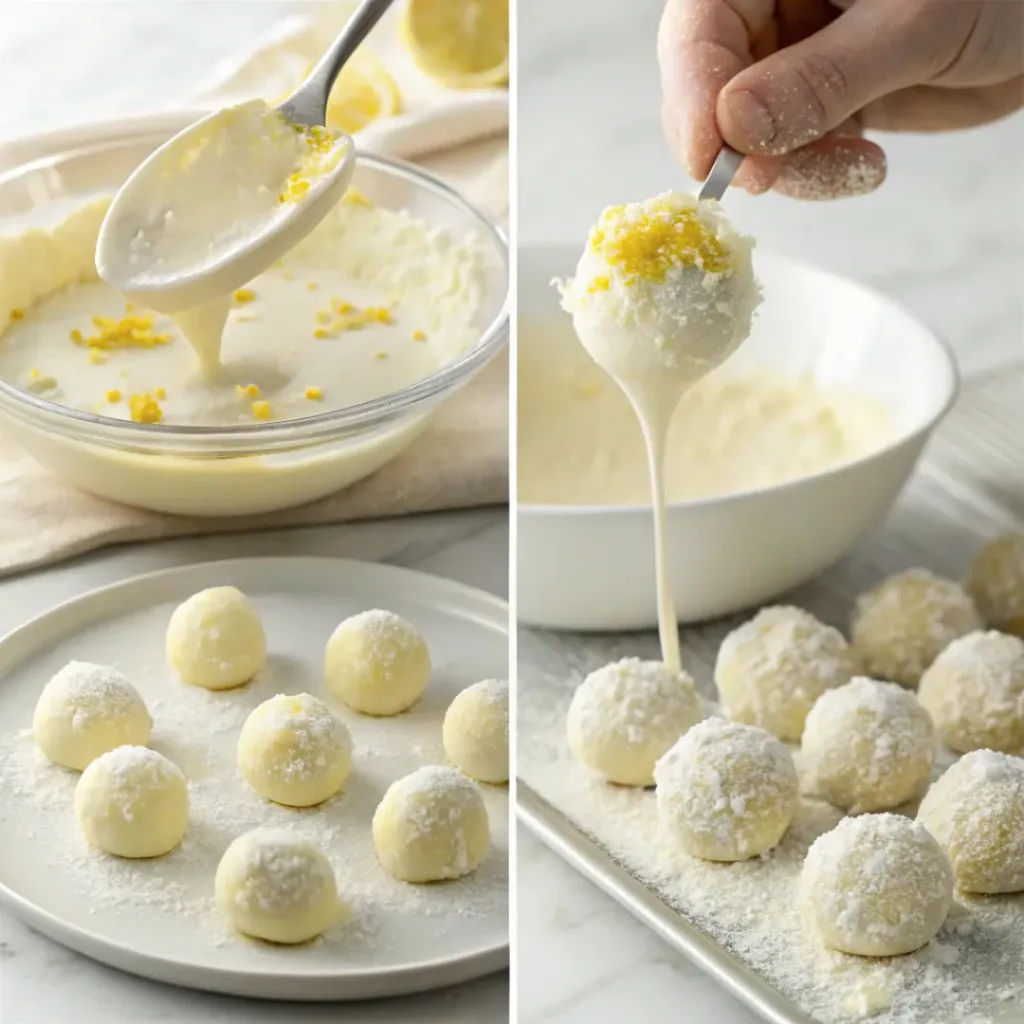 No-Bake Lemon Truffles – Creamy, Zesty & Melt-in-Your-Mouth Treats 7 Four step collage showing mixing, chilling, rolling, and coating truffles