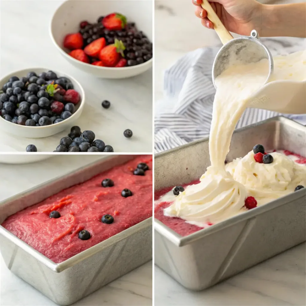 No-Churn Mixed Berry Ice Cream — Creamy Homemade Ice Cream Without a Machine 7 Four step collage showing berry blending, whipping cream, mixing, and freezing ice cream