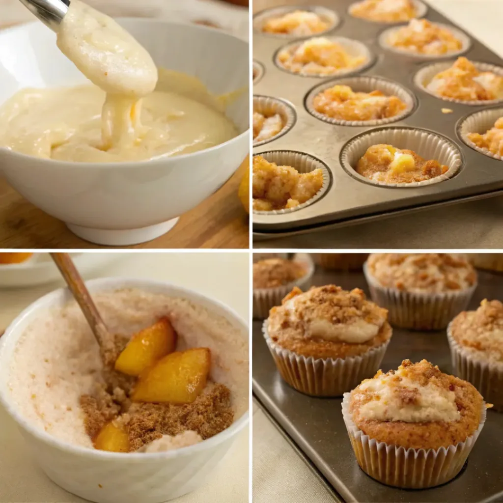 Four step collage showing batter mixing, peach filling, baking, and decorating cupcakes