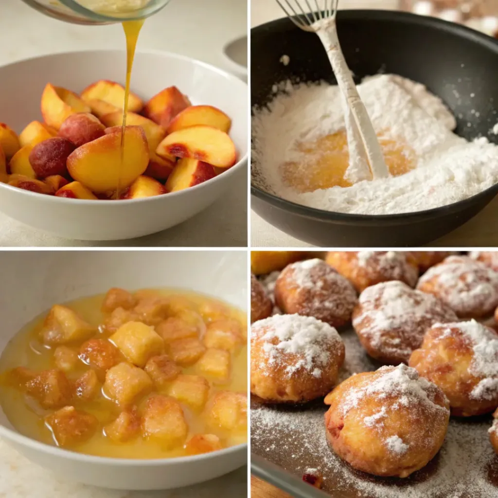 Four step collage showing mixing, frying, and glazing peach fritters