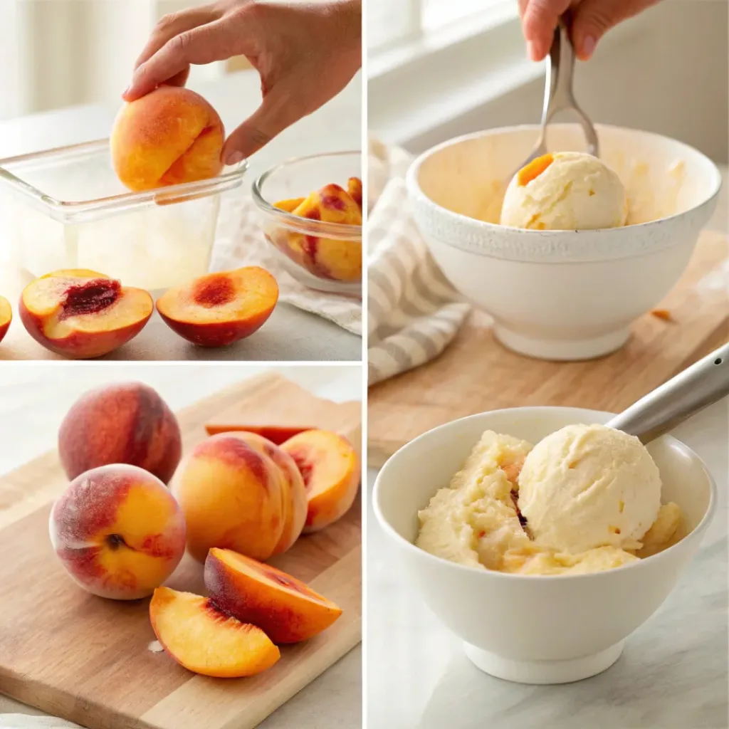 Four step collage showing prepping peaches, cooking, mixing base, and churning ice cream