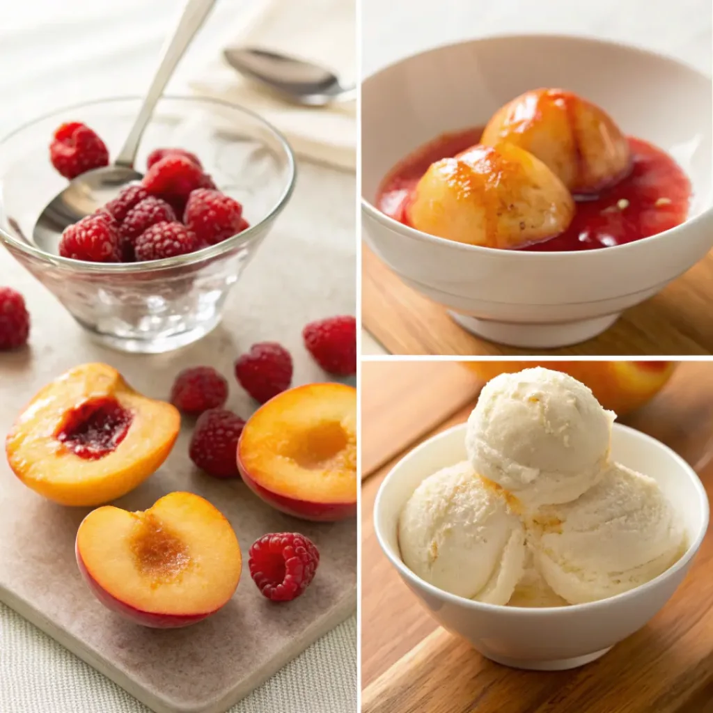 Four step collage showing poaching peaches, making sauce, assembling, and serving dessert