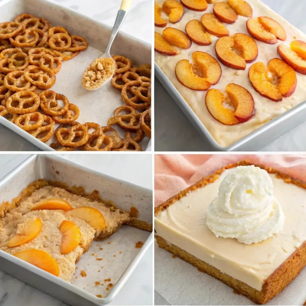 Four step collage showing crust preparation, layering ice cream, topping, and freezing