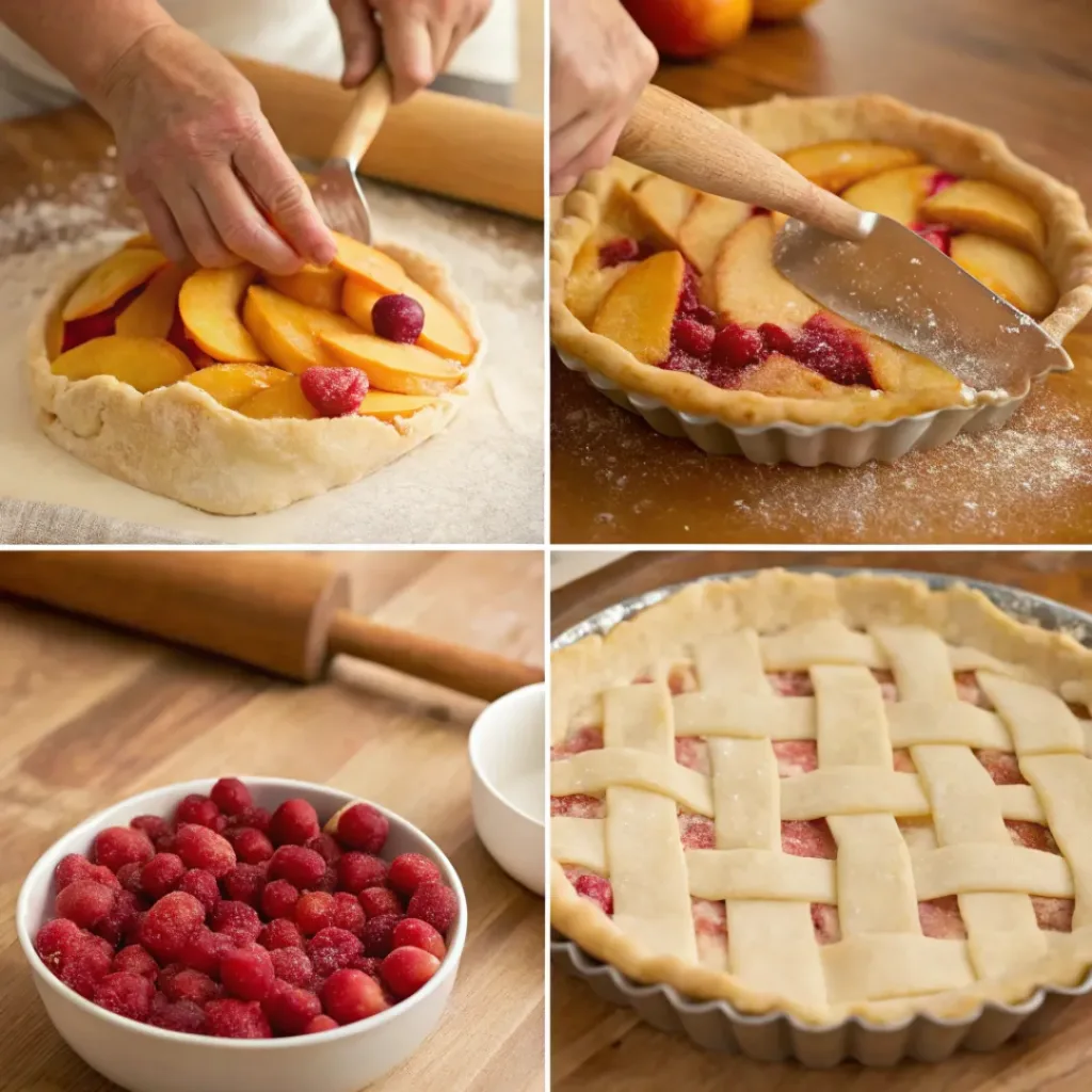Four step collage showing dough rolling, filling preparation, lattice assembly, and baking