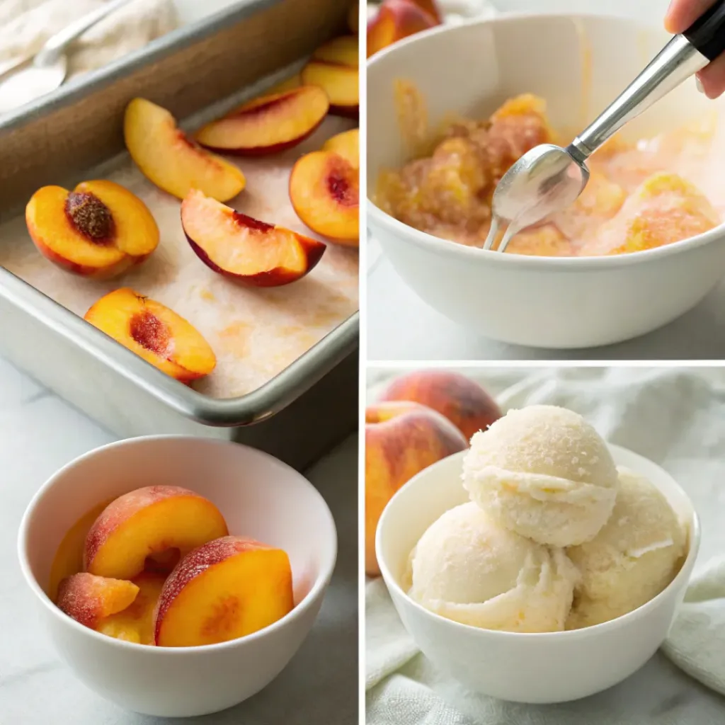 Four step collage showing slicing peaches, blending, freezing, and scooping sorbet