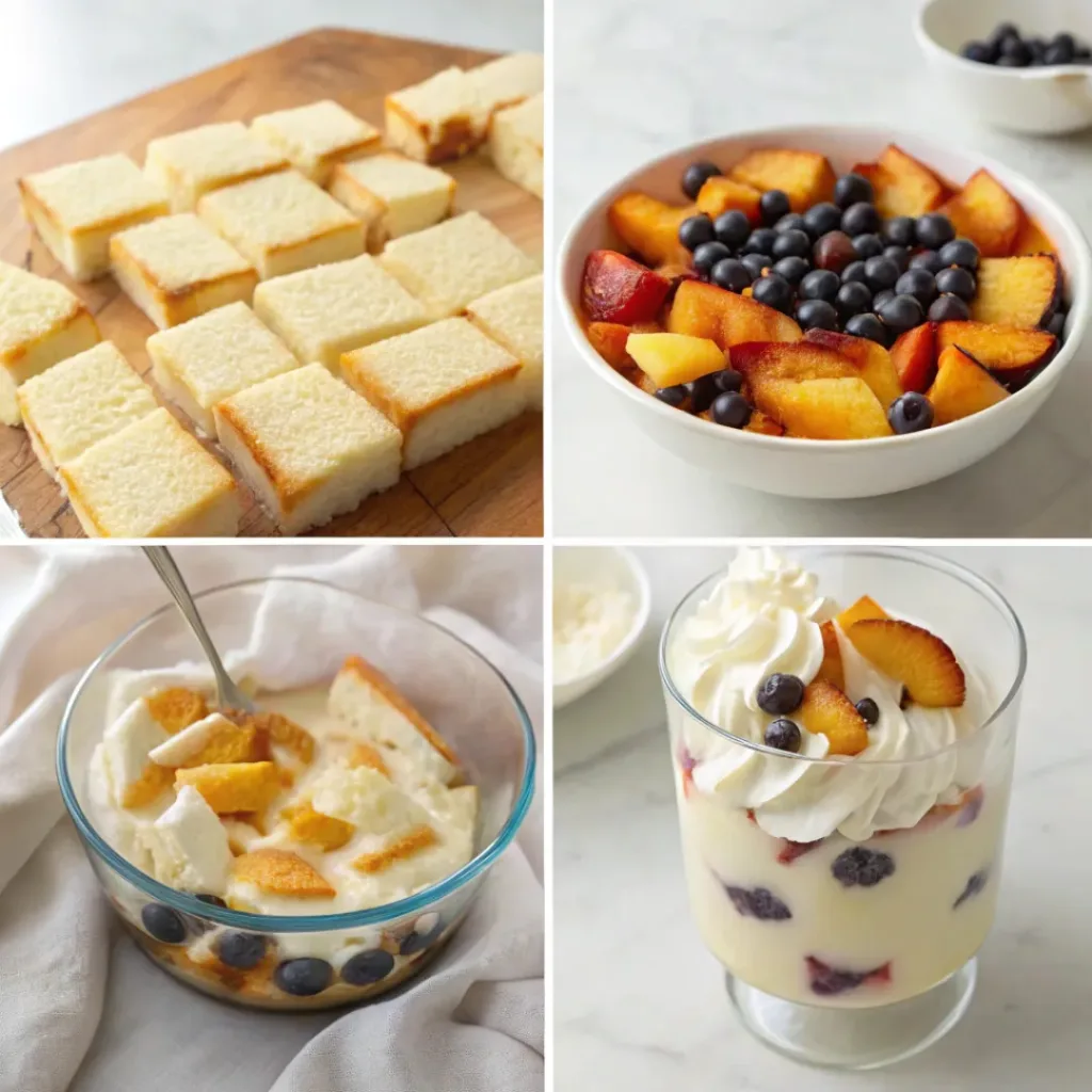 Four step collage showing cake cutting, custard making, layering, and final trifle assembly