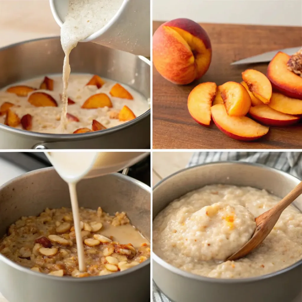 Four step collage showing cooking oats, preparing peaches, stirring cream, and serving