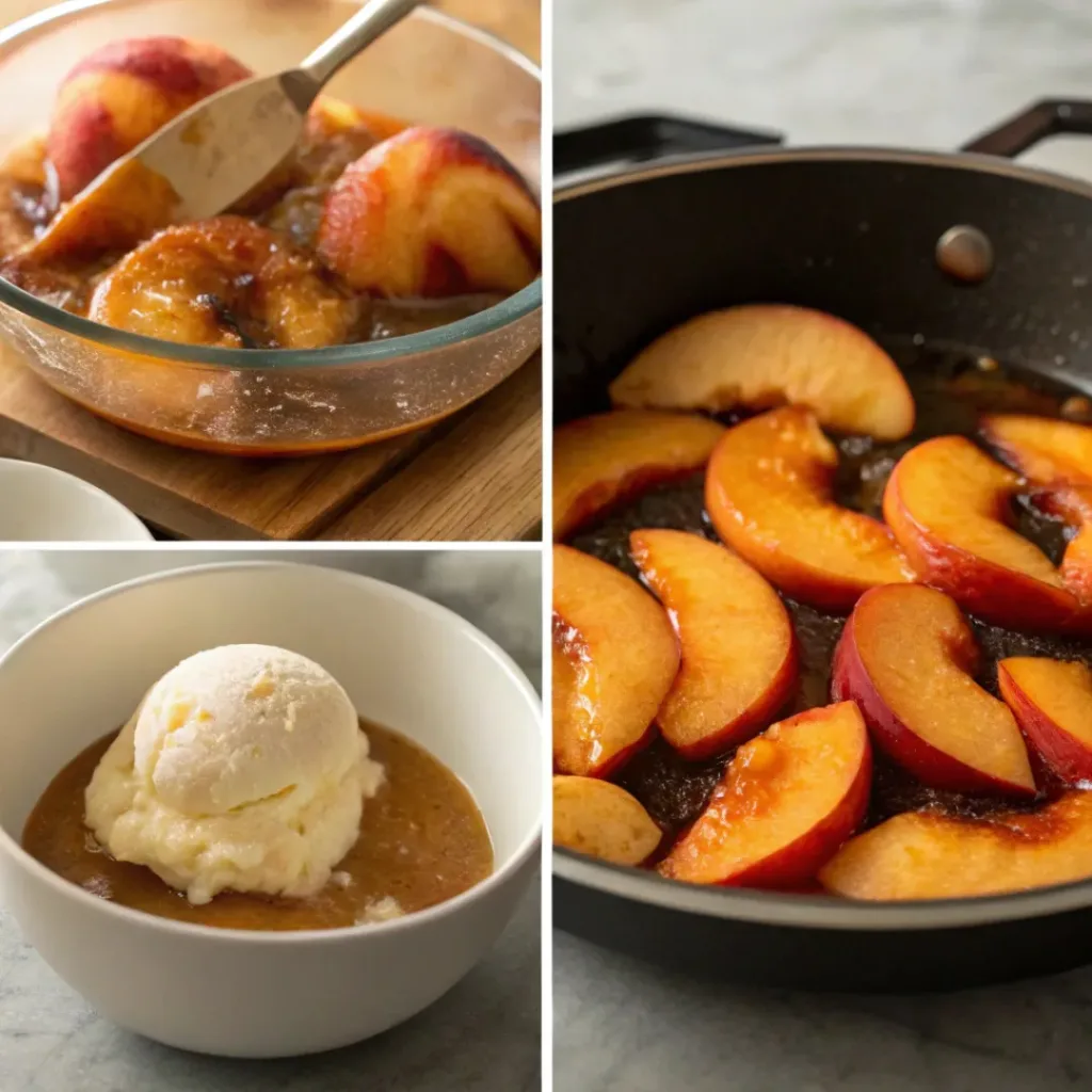 Four step collage showing slicing peaches, making sauce, cooking peaches, and serving