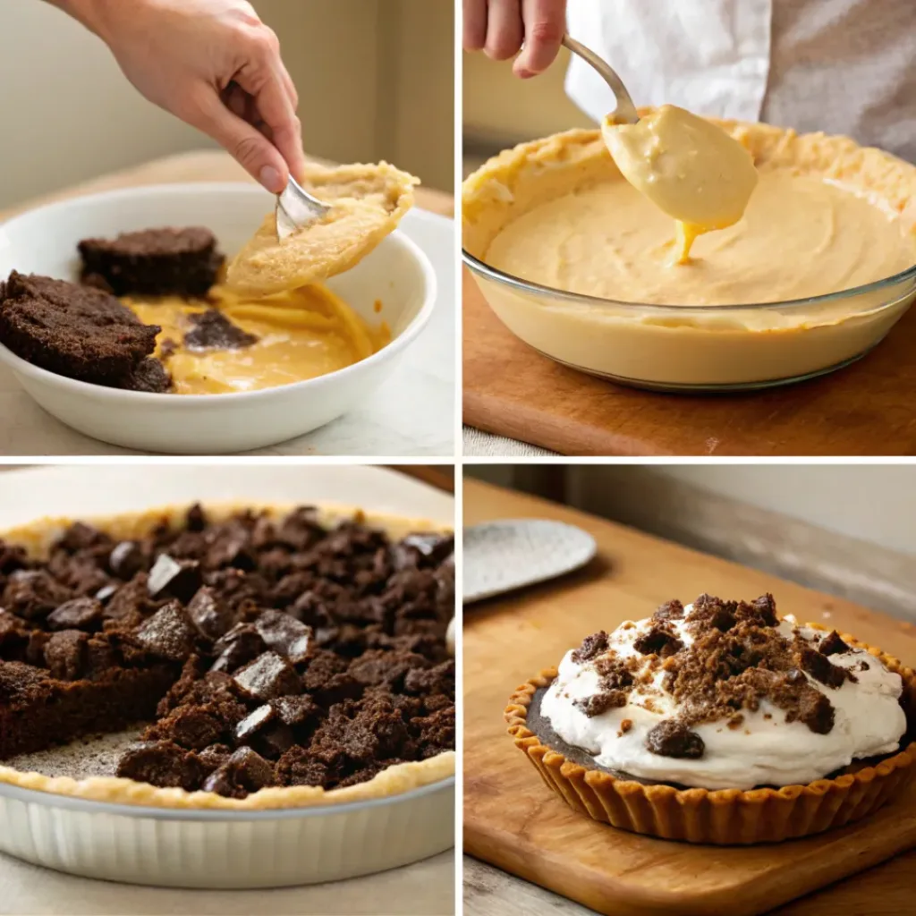 Four step collage showing crust prep, mixing filling, assembling, and decorating pie