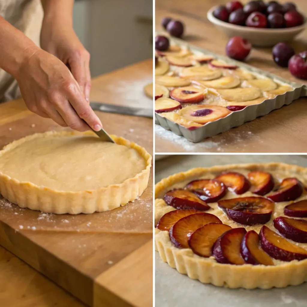 Four step collage showing dough prep, filling, arranging plums, and baking tart