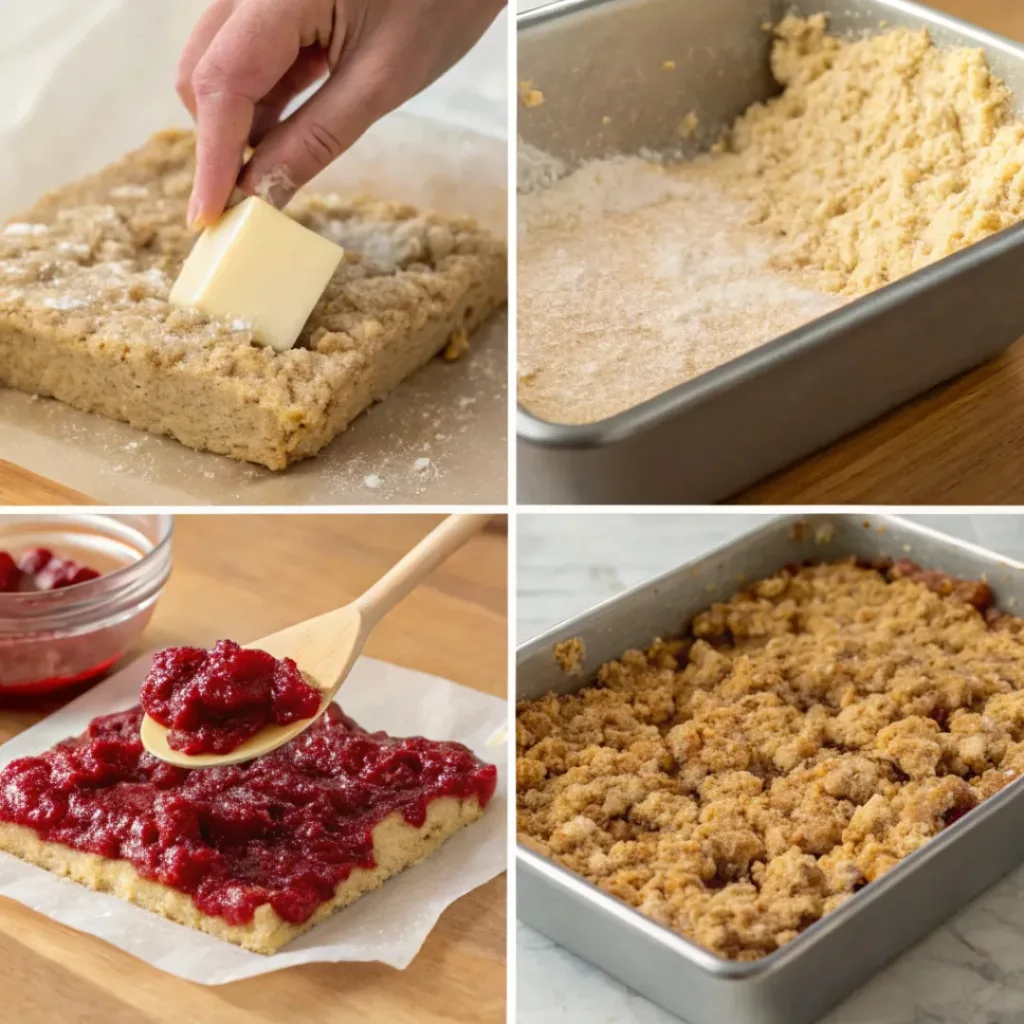 Raspberry Crumble Bars – Buttery, Fruity & Sweet-Tart Dessert Bars 7 Flat lay of raspberries, oats, butter, flour, and jam ingredients