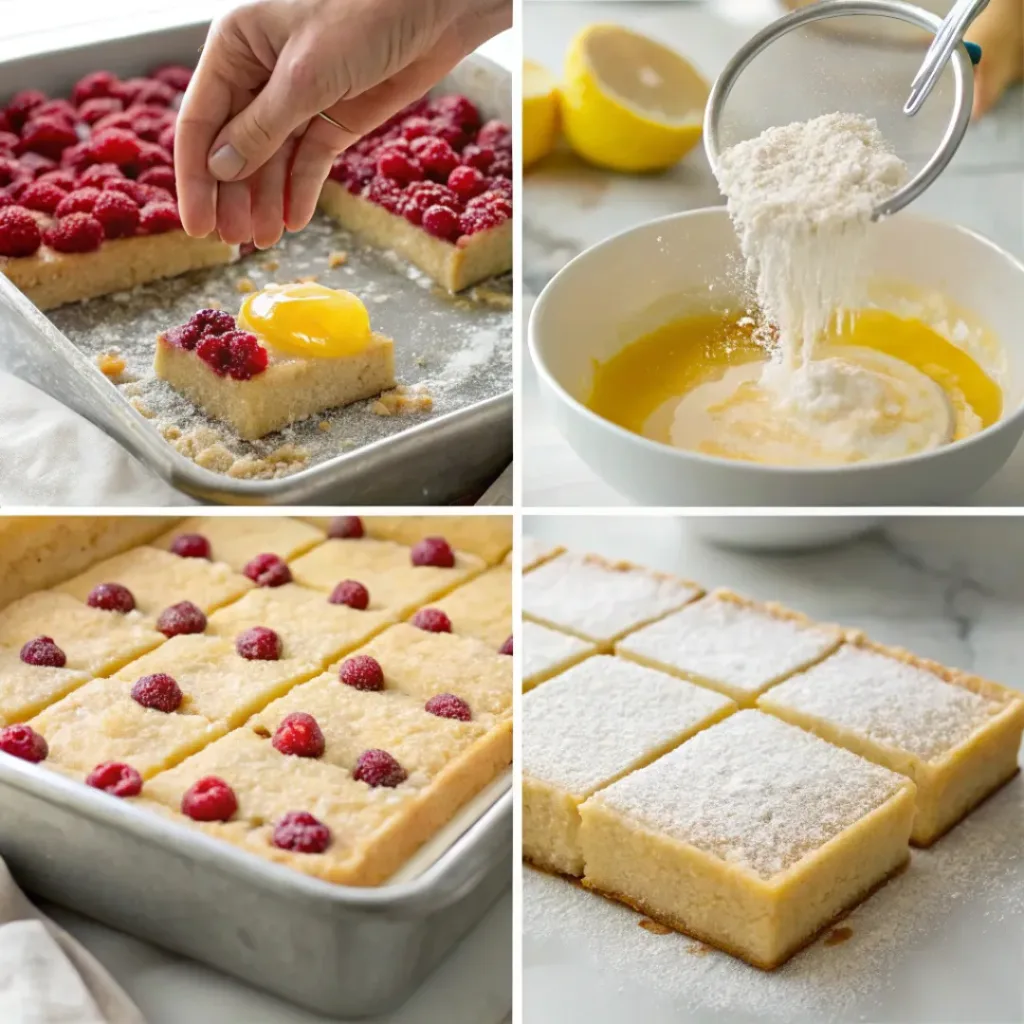 Raspberry Lemonade Bars – Tangy, Sweet & Buttery Dessert Squares 7 Four step collage showing crust prep, filling, baking, and slicing bars