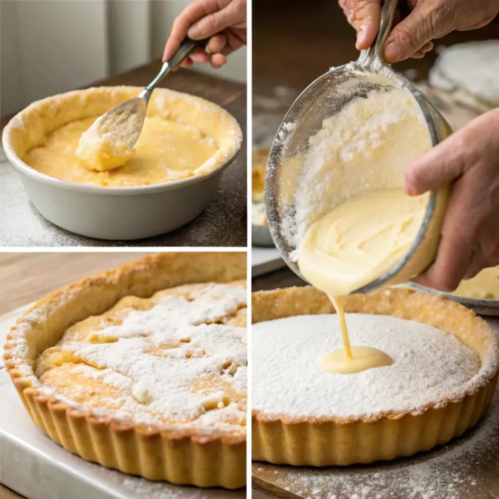 Ricotta Pie – Creamy Italian-Style Dessert Tart 7 Four step collage showing mixing filling, preparing crust, baking, and finishing pie