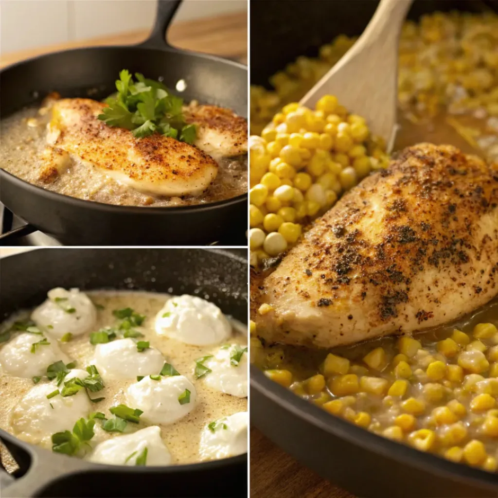 Four step collage showing searing chicken, cooking corn, making sauce, and finishing dish
