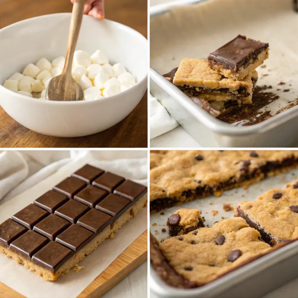S’mores Cookie Bars – Gooey, Chocolatey & Campfire-Inspired Dessert 7 Four step collage showing cookie base, chocolate layer, marshmallow topping, and baked bars