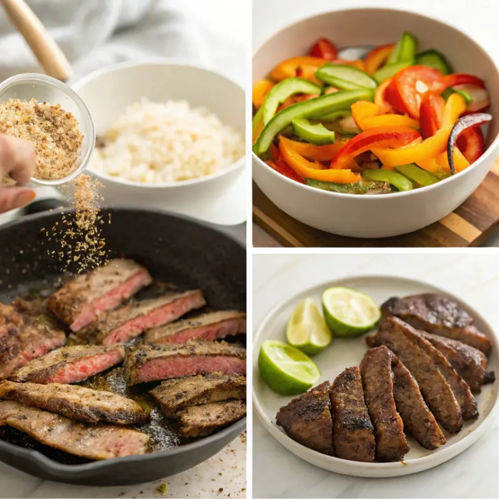 Four step collage showing seasoning steak, cooking steak, sautéing vegetables, and assembling bowls
