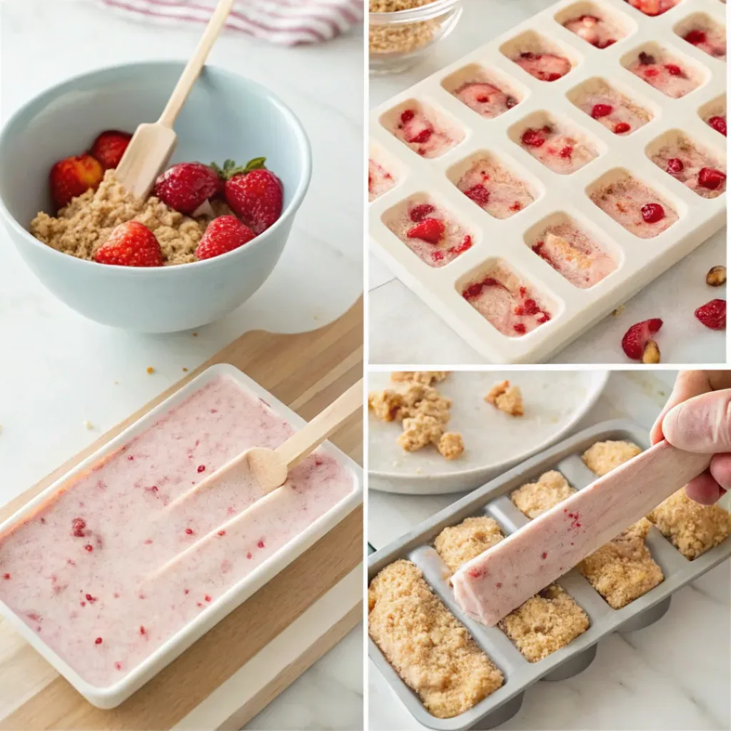 Four step collage showing filling molds, freezing bars, making crunch topping, and coating bars