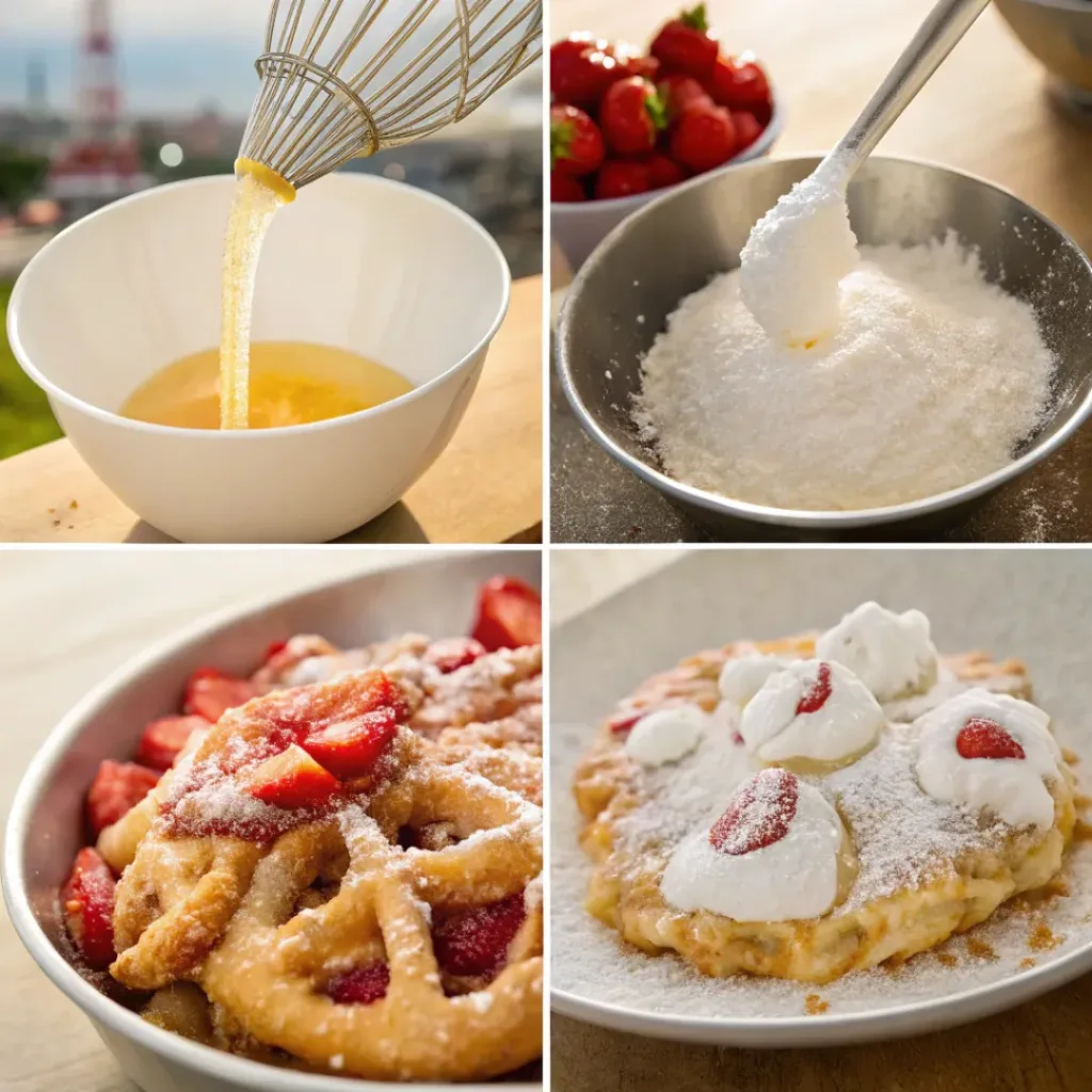 Strawberry Funnel Cake – Crispy, Sweet & Carnival-Style Dessert 7 Four step collage showing batter mixing, frying spiral, cooking, and topping funnel cake