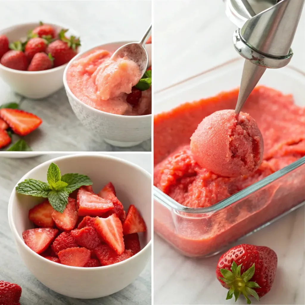 Four step collage showing strawberry prep, blending, freezing, and serving sorbet