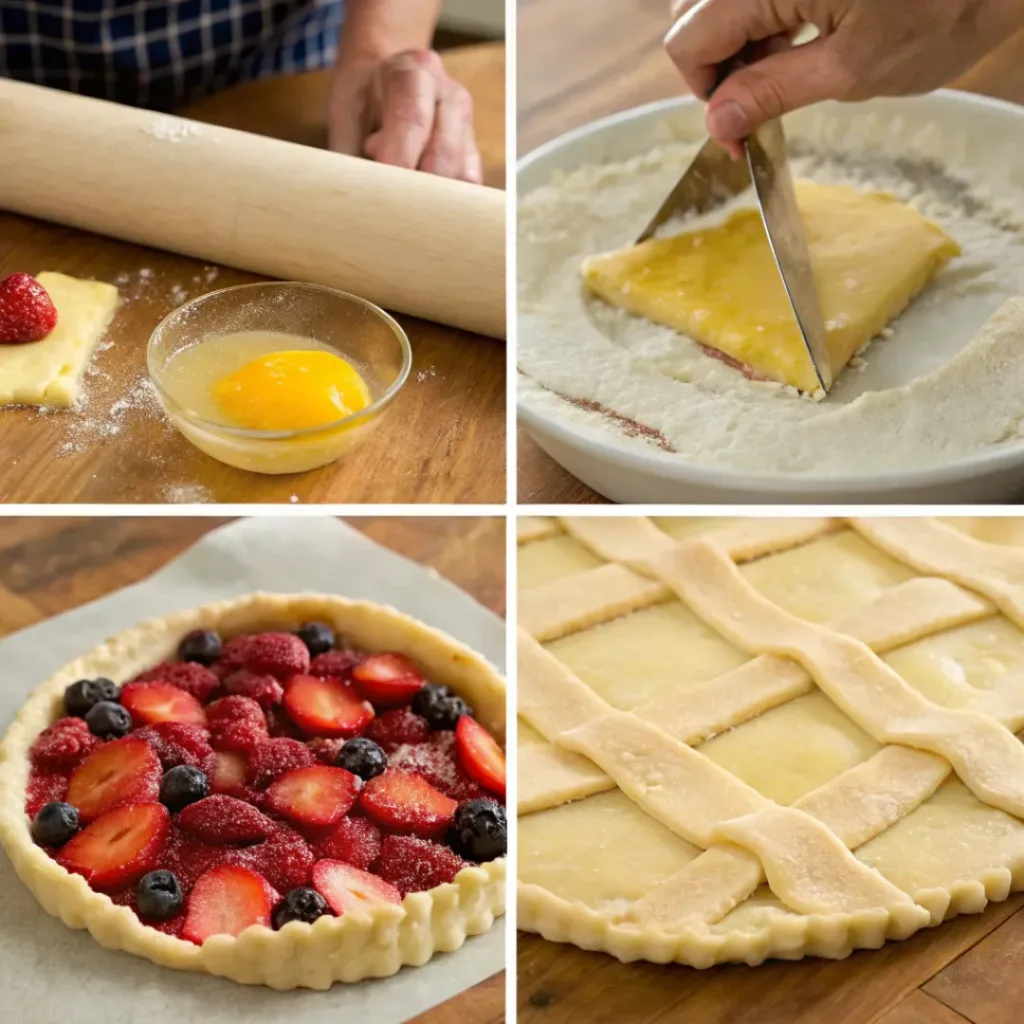 Summer Fruit Crostata – Rustic, Buttery & Juicy Seasonal Tart 7 Four step collage showing dough prep, fruit filling, lattice crust, and baking