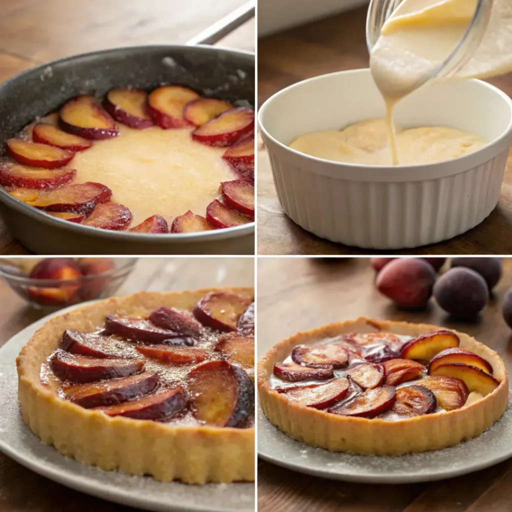 Upside-Down Plum Cake – Moist, Fruity & Beautifully Caramelized 7 Four step collage showing arranging plums, mixing batter, baking, and inverting cake