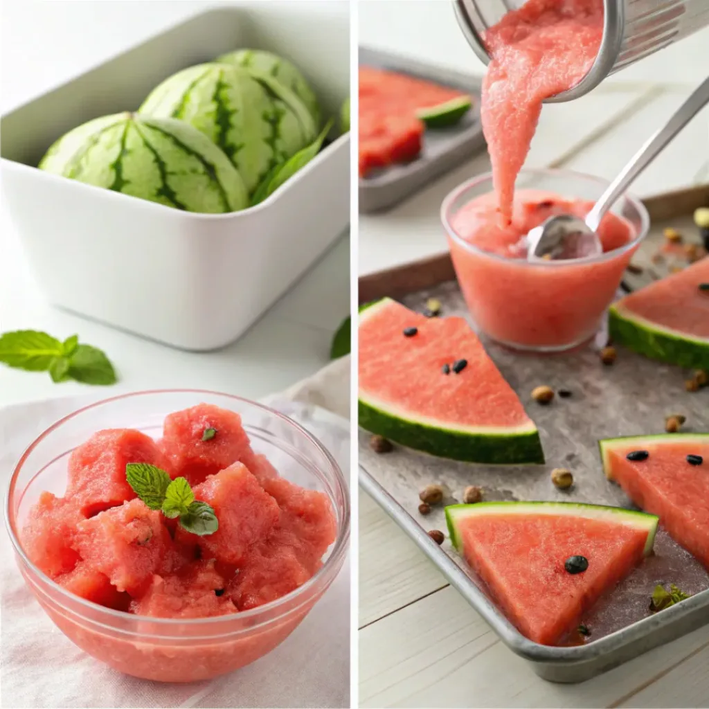 Four step collage showing blending, freezing, and serving watermelon sorbet