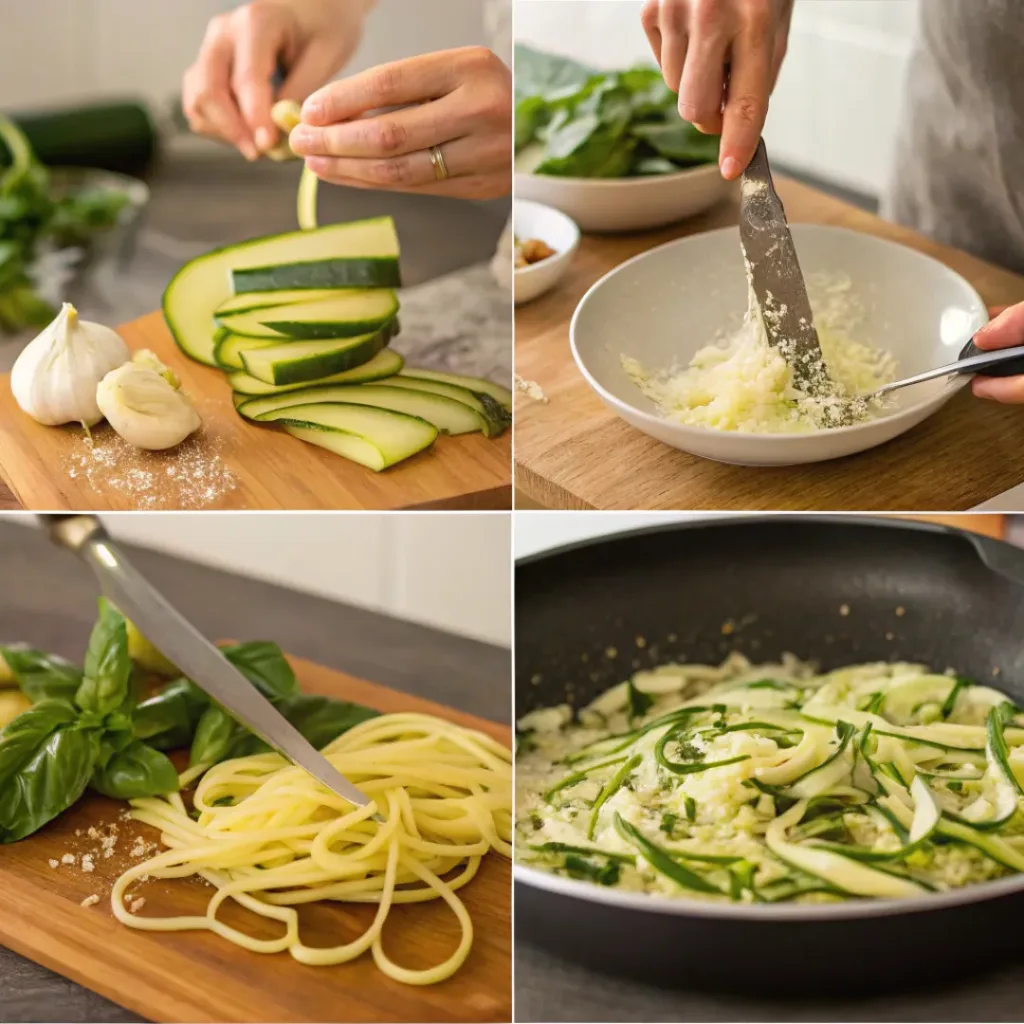Zucchini Basil Pasta – Fresh, Light & Flavorful Summer Pasta 7 Four step collage showing prep, sautéing, mixing, and plating pasta