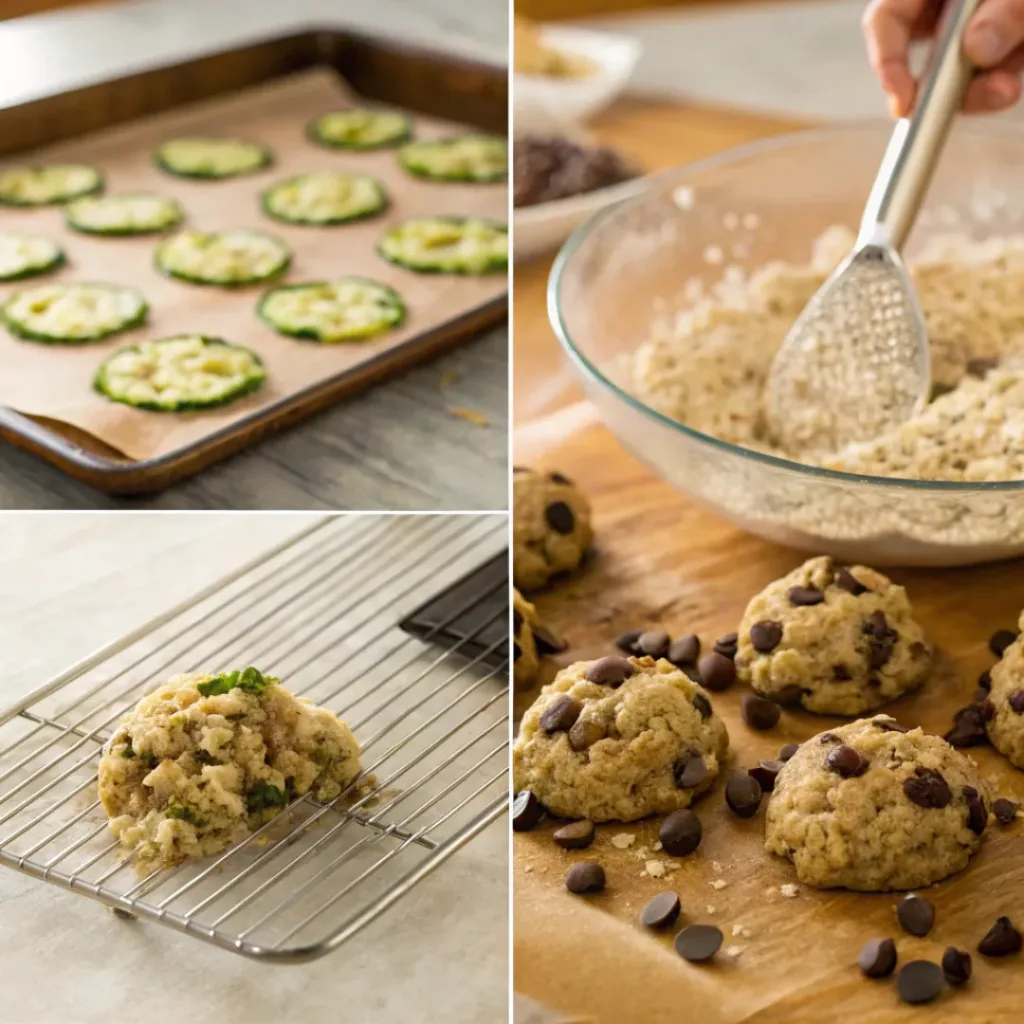 Four step collage showing grating zucchini, mixing dough, scooping cookies, and baking