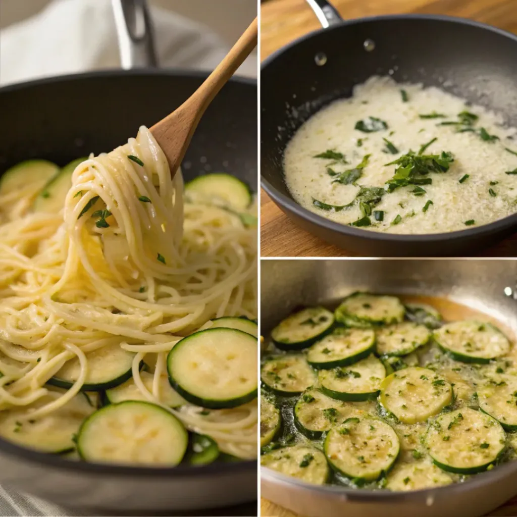 Four step collage showing sautéing zucchini, cooking pasta, making sauce, and combining dish