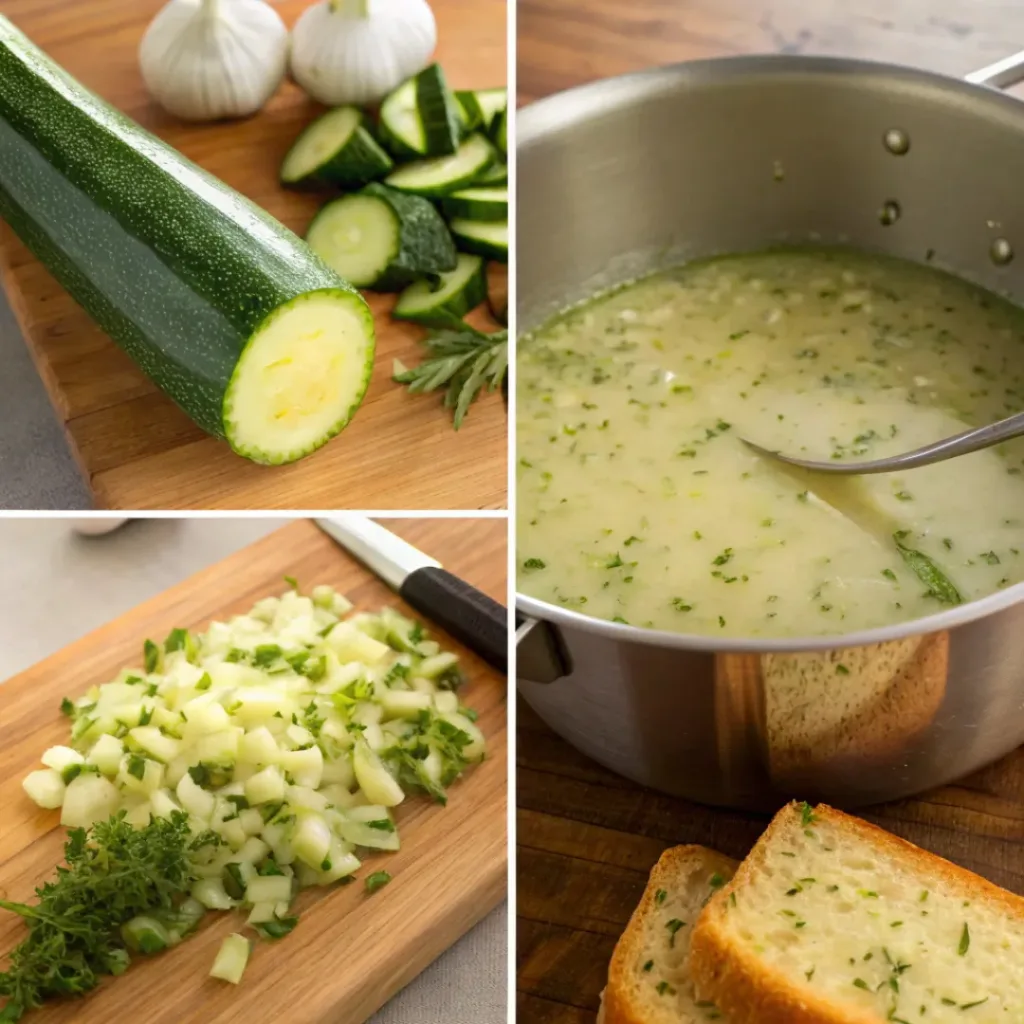 Four step collage showing chopping, sautéing, simmering, and serving zucchini soup