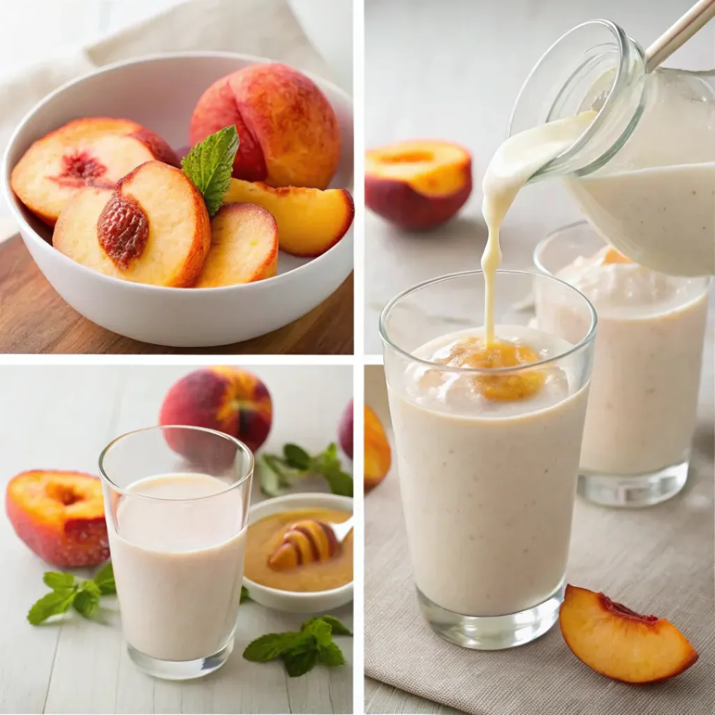 Four step collage showing peach prep, blending ingredients, and serving smoothie