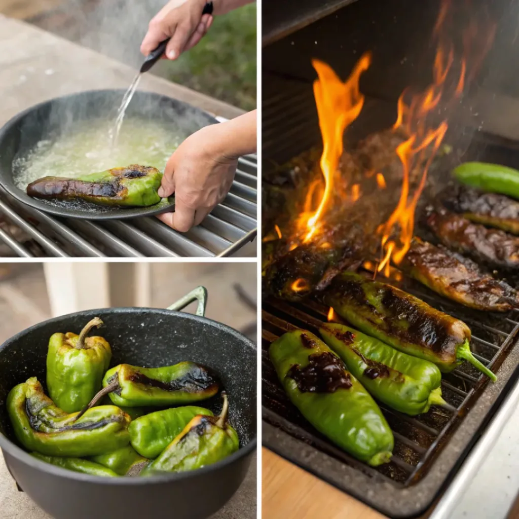 Four step collage showing roasting, steaming, peeling, and preparing Hatch chiles