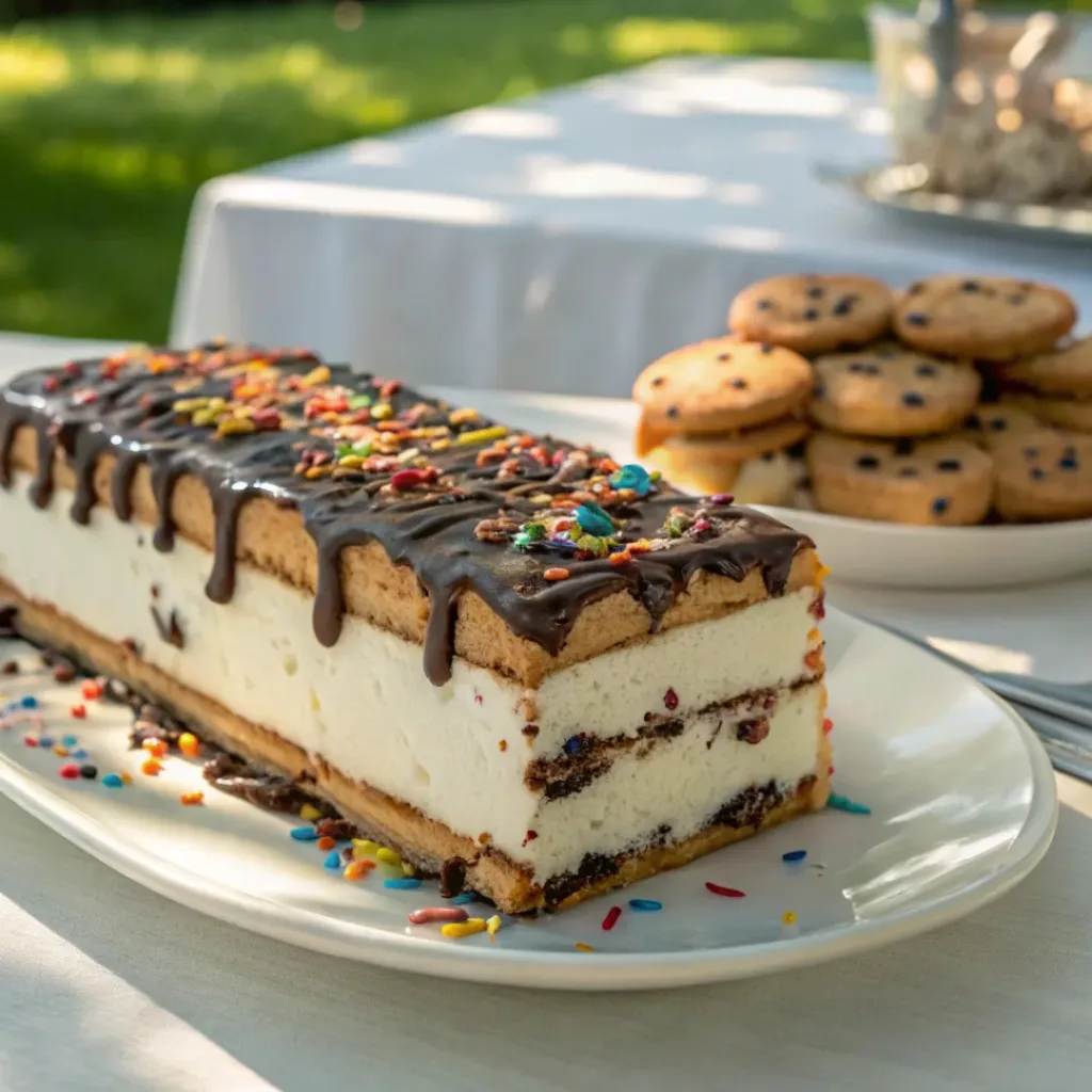 Ice Cream Sandwich Cake – Easy, Creamy & No-Bake Dessert 8 Slice of ice cream sandwich cake with whipped topping and chocolate drizzle