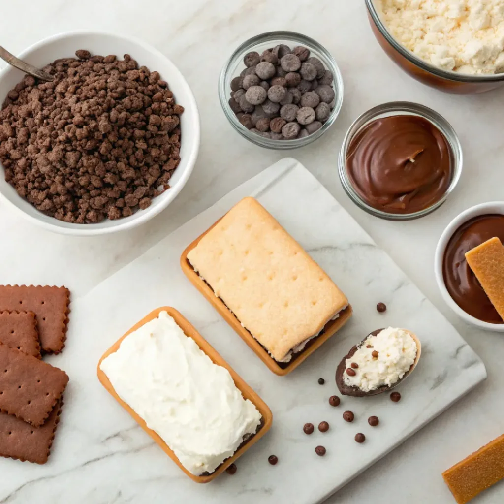 Ice Cream Sandwich Cake – Easy, Creamy & No-Bake Dessert 6 Flat lay of ice cream sandwiches, whipped topping, and dessert toppings