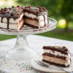 Layered ice cream sandwich cake with whipped topping and chocolate drizzle