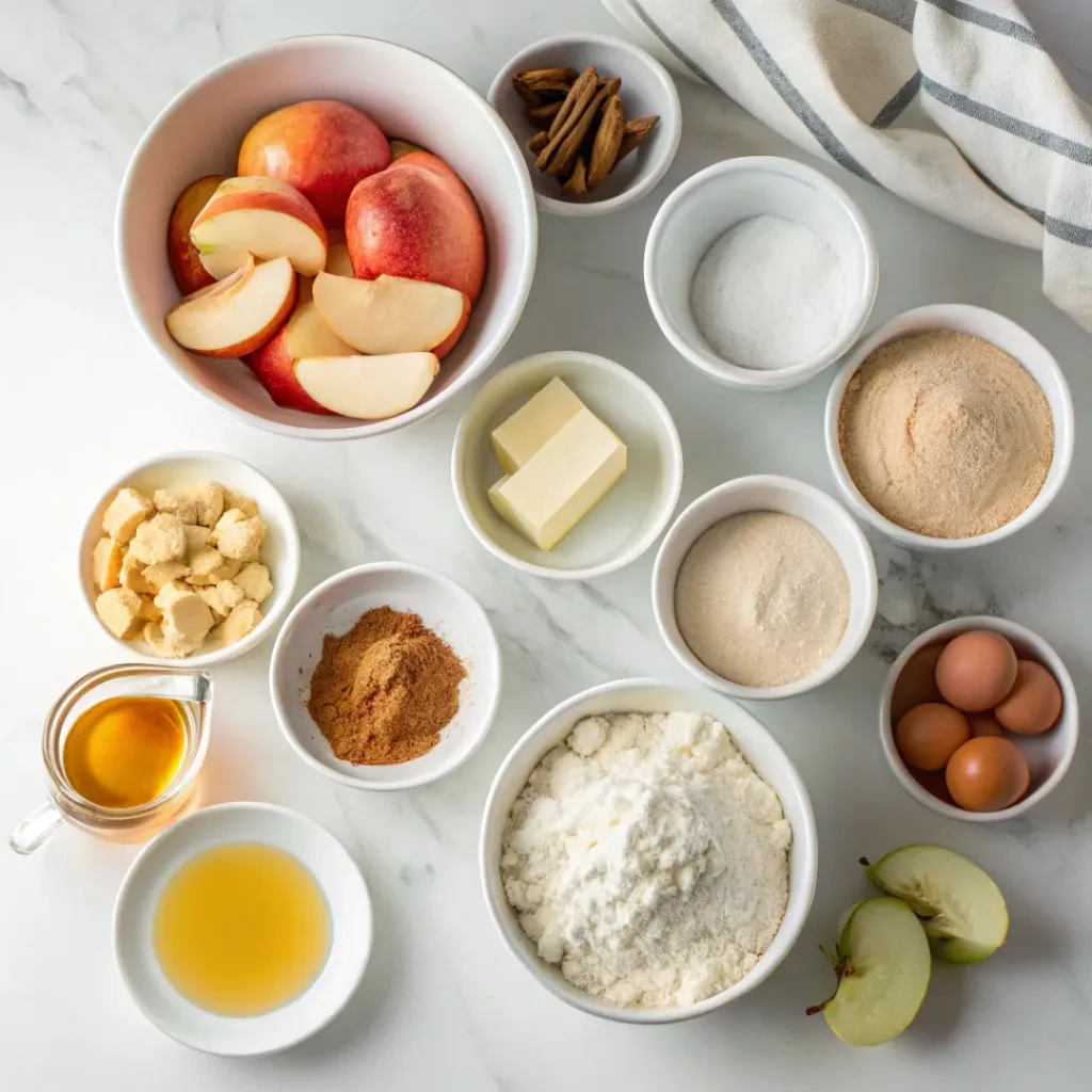 Apple cider, apples, flour, butter, sugar, eggs, cinnamon, and vanilla arranged for homemade apple cider cake.
