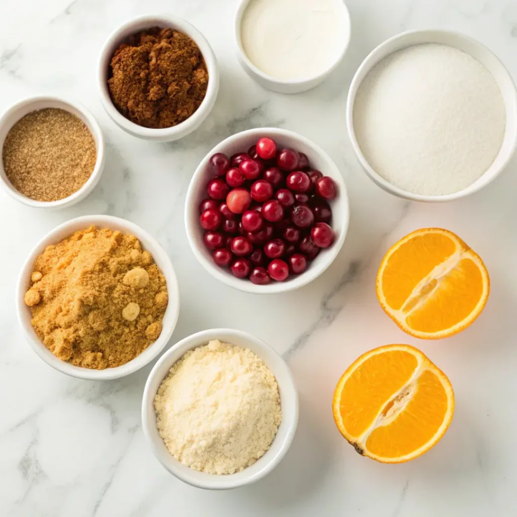 Fresh cranberries, flour, butter, sugar, orange, cinnamon, and vanilla for homemade cranberry crumb bars.