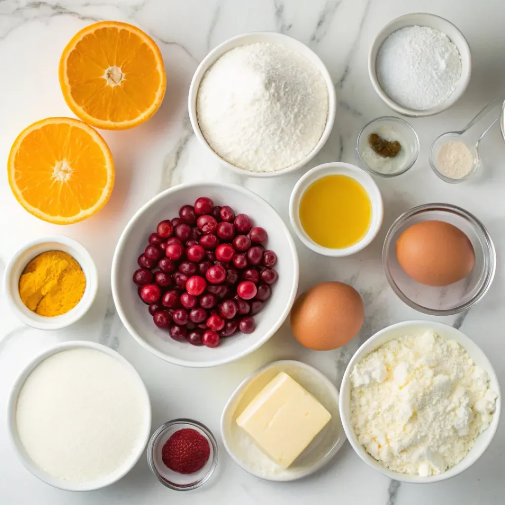 Fresh cranberries, oranges, flour, butter, sugar, eggs, vanilla, and milk for cranberry orange Bundt cake.