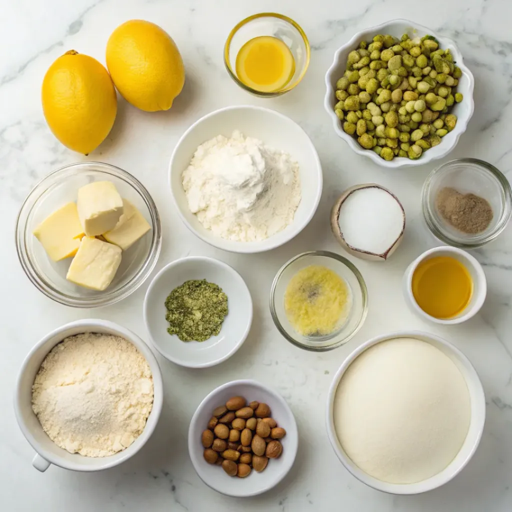 Lemon Pistachio Loaf - Moist Zesty Nut Bakery Bread 6 Lemons, pistachios, flour, butter, sugar, eggs, vanilla, and milk arranged for lemon pistachio loaf.