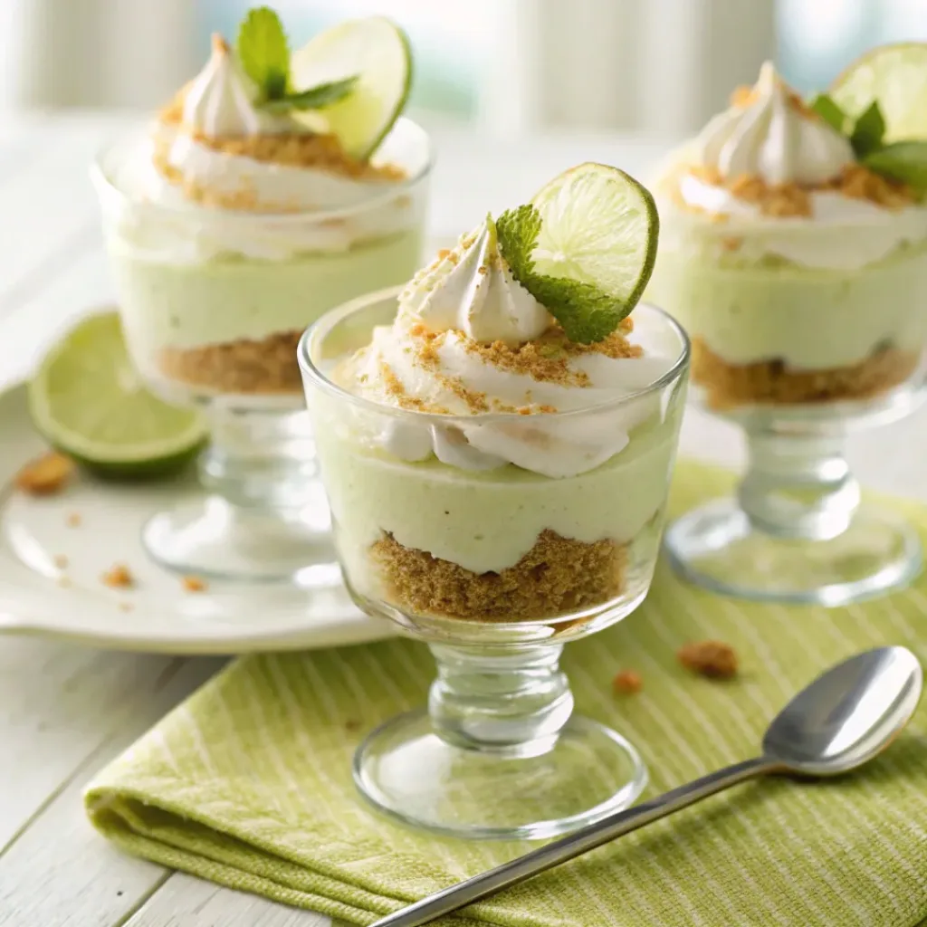 Layered key lime pie cups with graham cracker crust and whipped cream