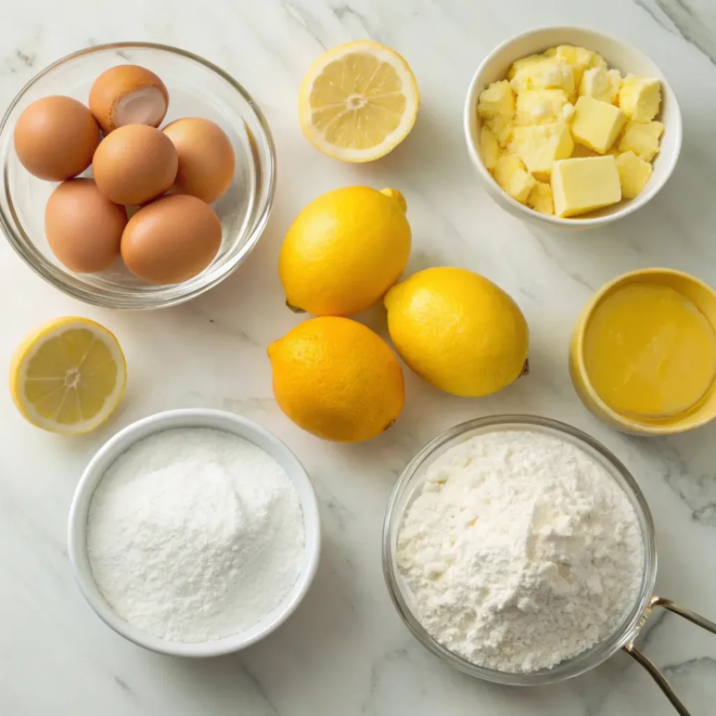 Lemon Brownies – Fudgy, Zesty & Sweet Citrus Bars 6 Flat lay of lemons, butter, eggs, sugar, and baking ingredients