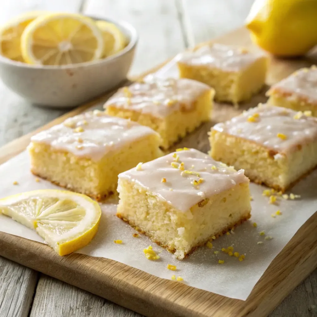 Home 9 Lemon brownies with glossy glaze and powdered sugar topping