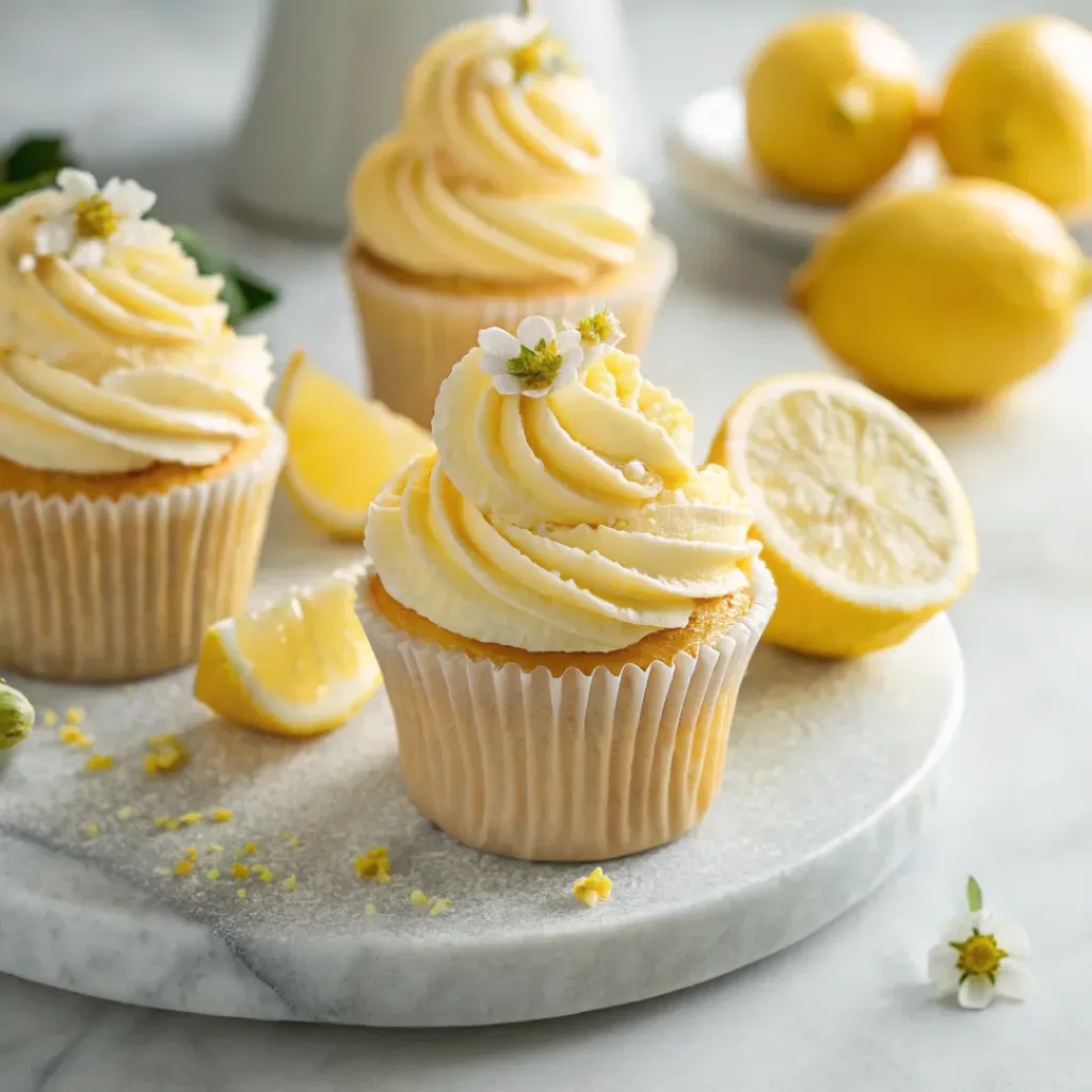 Lemon cupcakes with creamy curd filling and buttercream topping