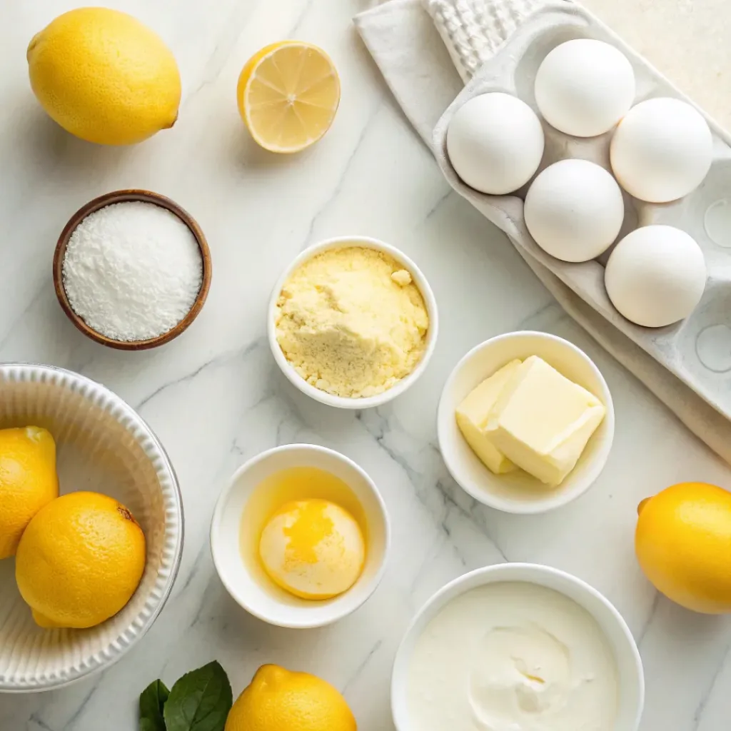 Flat lay of lemons, eggs, butter, flour, and baking ingredients